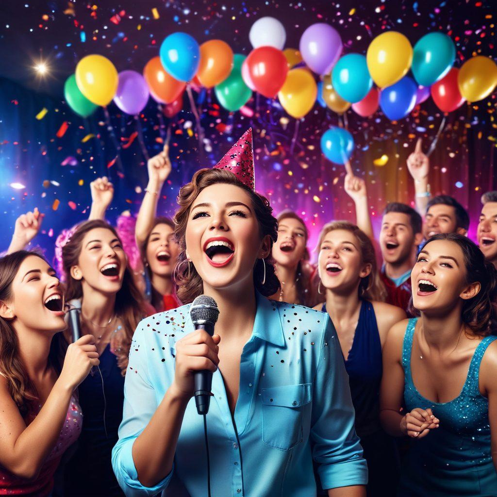 A lively karaoke scene in a vibrant room filled with colorful lights, people of all ages joyfully singing together, confetti falling from above, with a spotlight shining on a glamorous microphone at the center. Incorporate elements of celebration like balloons and party hats. Ensure the atmosphere feels festive and uplifting. super-realistic. vibrant colors. 3D.