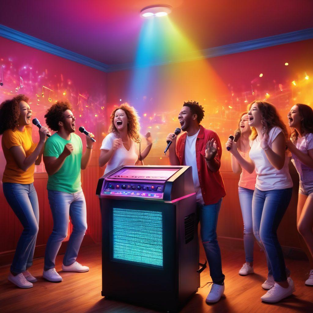 A lively gathering of friends around a karaoke machine, vibrant lights illuminating the room, showcasing a diverse group of people joyfully singing and dancing together. Include musical notes and colorful sound waves radiant in the air, emphasizing the excitement and connection that karaoke brings to gatherings. The scene should convey energy and celebration. bright colors. dynamic composition. painterly style.